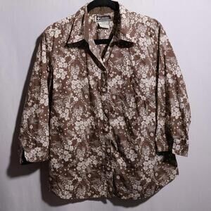 Columbia Brown Floral Pearl Snap Shirt Womens XL Country Rodeo Retro Cottage Top
